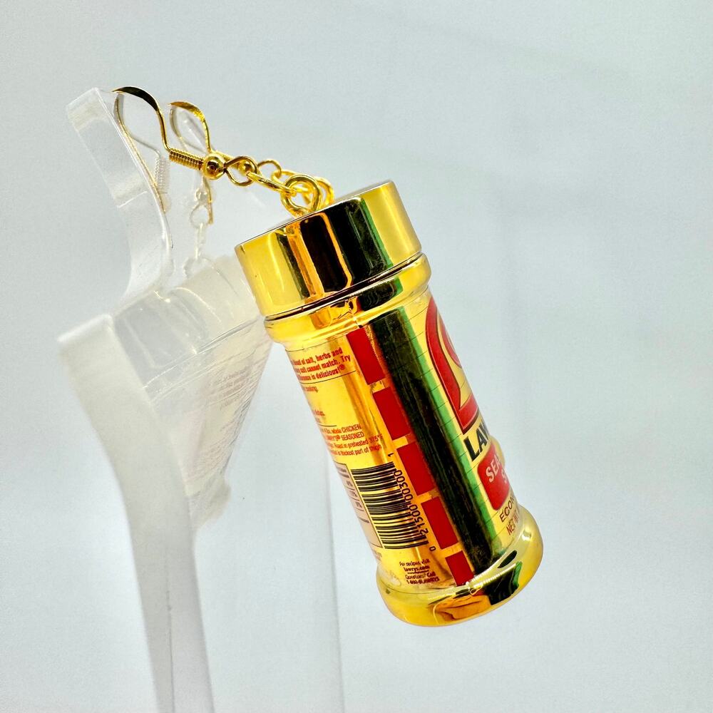 Gold Lawry’s Seasoning Earrings - Metallic Spice Dangles - Bold Foodcore Flair - Picture 3 of 8
